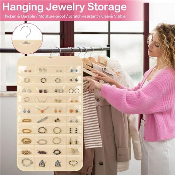 Hanging Jewelry Organizer Closet Storage with 80 Clear Pockets Earrings Necklace - Picture 5 of 7